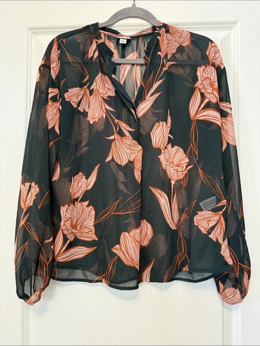 a new day green Sheer Blouse with Coral Floral Print